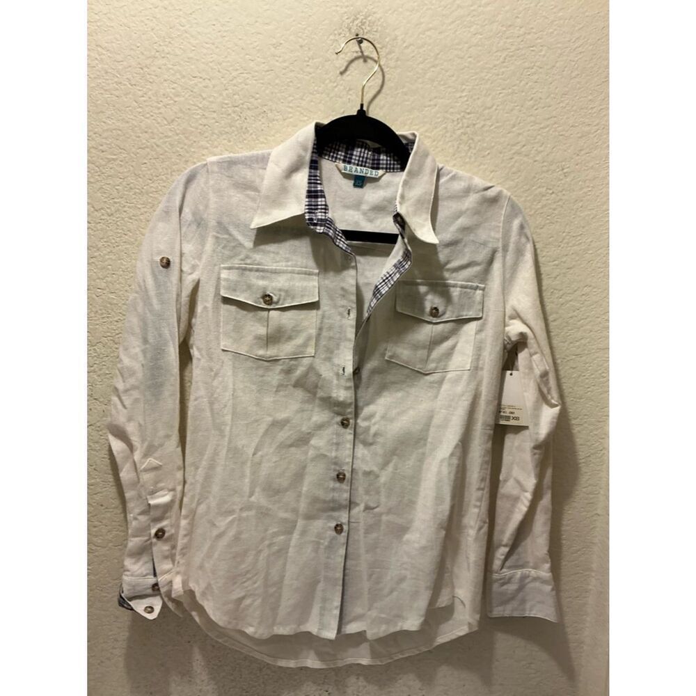 NWT BRANDED dirty Landry TCU White Button-Up Shirt with Plaid Trim linen blend